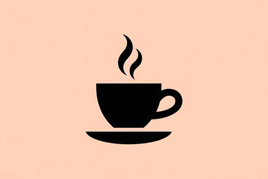 A simple black silhouette of a steaming cup of coffee on a saucer isolated on a light peach background
