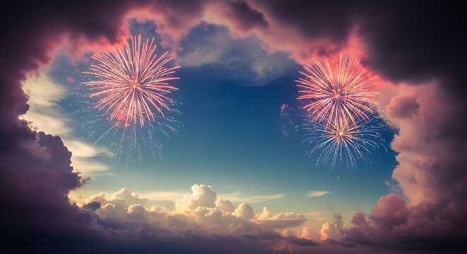 Vibrant fireworks explode in a cloudy evening sky during a festive celebration event