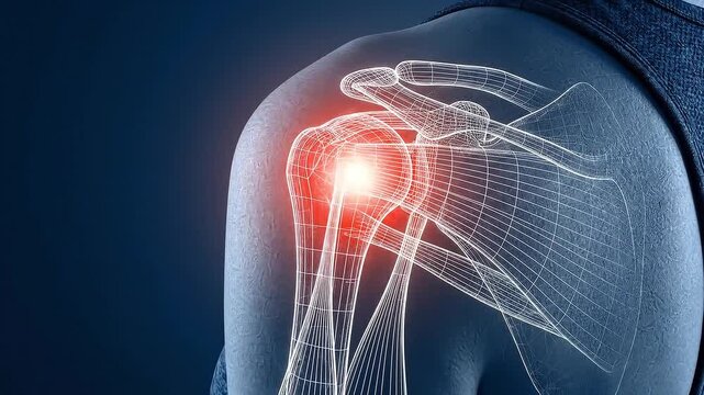 Shoulder rotator cuff injury anatomy highlighted in red glowing light showing pain inflammation medical 3D wireframe model with injury areas on person wearing sleeveless top dark blue background