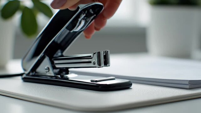 "Hand stapling papers with black stapler on white desk, symbolizing organization, productivity, and everyday office functionality."