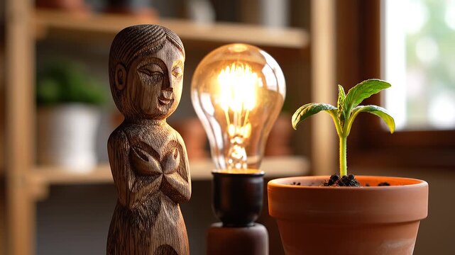   
"Wooden statue, glowing bulb, and young plant in terracotta pot, symbolizing creativity, illumination, and growth within a cozy indoor setting."