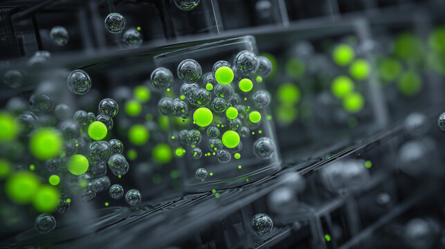 Ai Bright green particles in clear containers in a laboratory setting during a scientific experiment