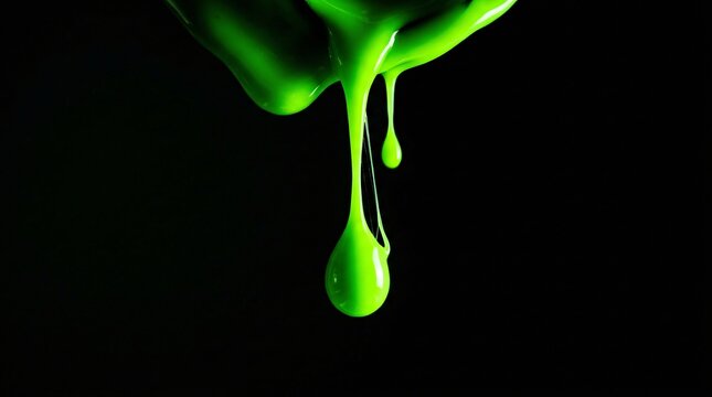 Neon green viscous liquid dripping and forming a droplet against a stark black background