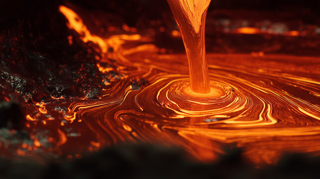 Ai Flowing lava creates patterns and textures as it moves over dark volcanic rock during an eruption