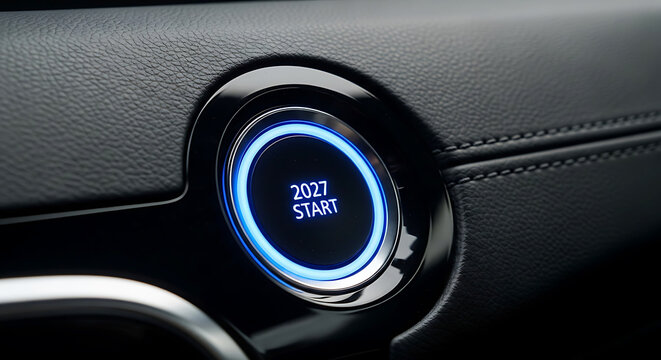 Close up of glowing blue start engine button in car interior