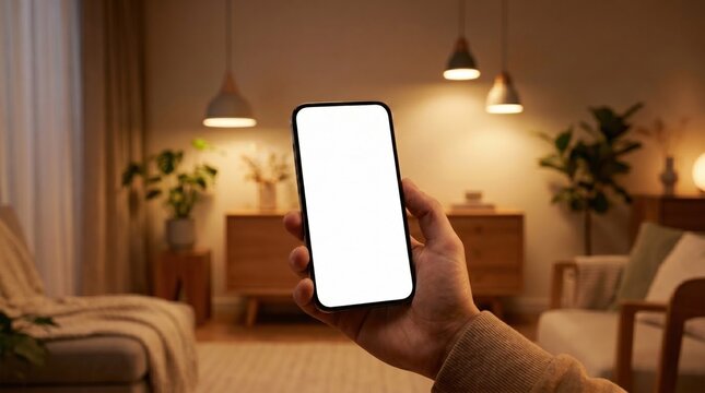 Person holding a smartphone with a blank white mockup screen in a cozy, warm-lit living room at night.