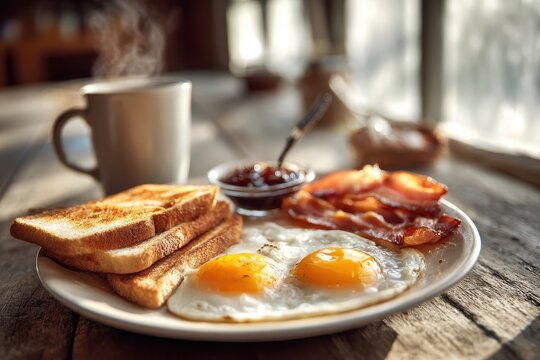 Morning comfort plate: fried eggs, crispy bacon and toasted bread on a warm, rustic setting