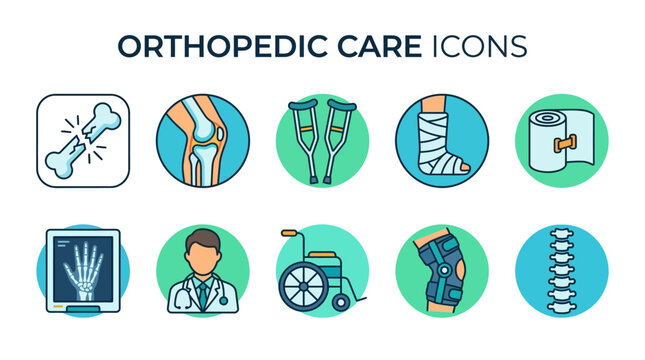 Orthopedic Care Symbols with Bone Joint Crutch Cast Bandage X-ray Doctor Wheelchair Brace and Spine