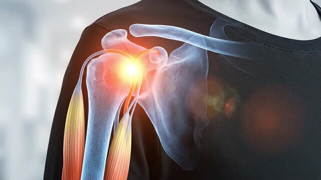 Shoulder rotator cuff injury causes pain inflammation in joint muscle and bone anatomy with highlighted muscles and bone structure in medical illustration showing upper body damage concept
