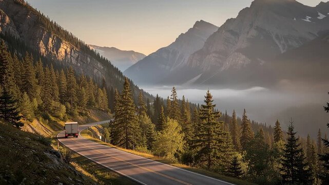 Truck driving on scenic mountain road at dawn surrounded by tall forest trees and nature
