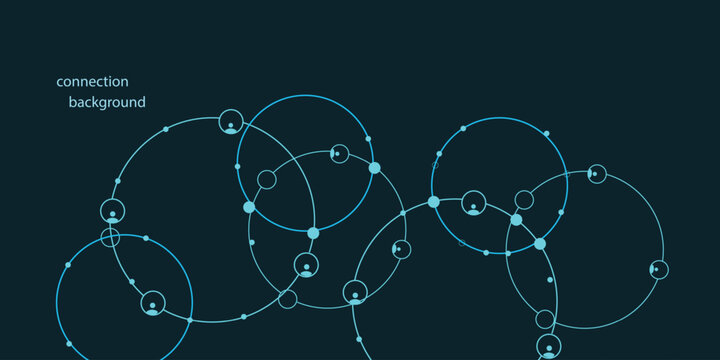 Digital social network connection background with linked user icons and glowing circles, global communication technology concept illustration