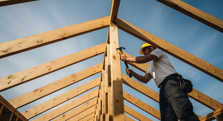 Fototapeta premium Construction worker wearing a hard hat hammers wooden beams into place on a sunny day.