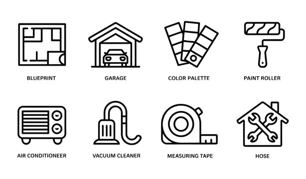 Collection of various vector icons related to home construction and renovation tools