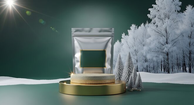 Elegant product mockup silver pouch on a luxurious winter display stand