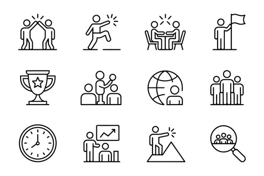 Vector set of business and team success icons featuring teamwork achievement and collaboration