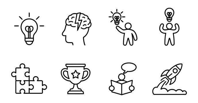 Set of vector icons representing ideas creativity and innovation including puzzles trophies and rockets