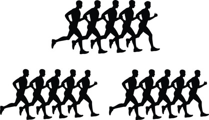 Obraz premium Dynamic running silhouettes in grouped motion, showcasing athletic teamwork, fitness activity, competitive energy, and minimalist design for creative projects