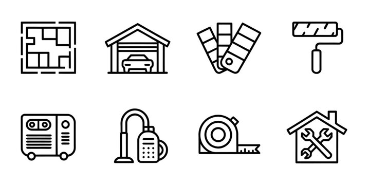 Collection of vector icons representing home improvement and maintenance tools and concepts