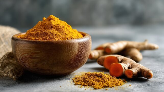 Turmeric powder in a wooden bowl with fresh turmeric roots on a gray concrete backdrop and ample copy space