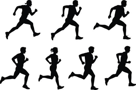 Dynamic running silhouette sequence showing athletic motion, human gait stages, and energetic posture for sports, fitness, and creative design projects