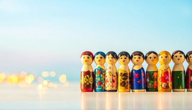 A diagonal row of colorful kokeshi dolls glows warmly, each unique in design yet united in form, symbolizing cultural artistry, individuality, and shared heritage.