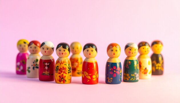 A diagonal row of colorful kokeshi dolls glows warmly, each unique in design yet united in form, symbolizing cultural artistry, individuality, and shared heritage.