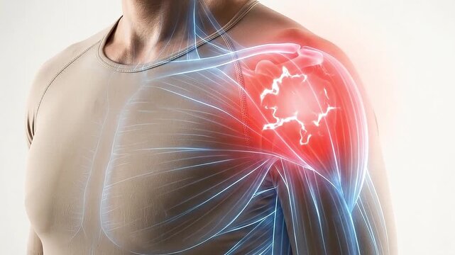 Shoulder rotator cuff injury causing pain with highlighted inflammation and muscle anatomy showing bone structure and damage in detailed medical concept illustration of upper body