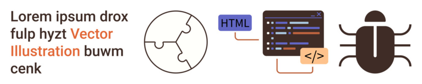 Cybersecurity, coding, debugging, system protection, digital threats, programming. Abstract design with code lines, bug icon and puzzle piece. Cybersecurity and debugging