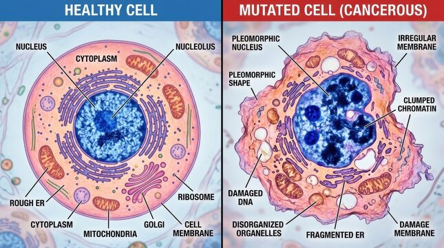 Visual shows the differences between healthy and mutated cells, highlighting key components and structural changes in each type of cell.