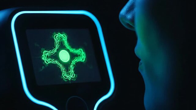 Close-Up View of a Person Engaging with a Futuristic Device Displaying Green Waveforms in a Dark Environment