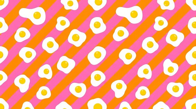 Playful pattern of fried eggs with sunny side up on vibrant pink and orange diagonal stripes background
