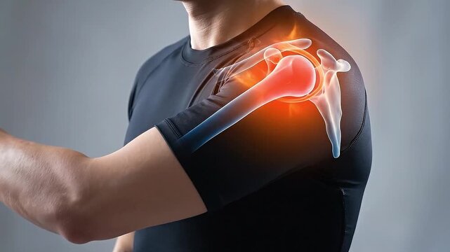 Shoulder rotator cuff injury pain anatomy showing joint bone muscle highlighted in red on man wearing black shirt with discomfort and medical condition x ray view
