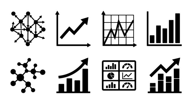 set of black and white vector icons representing various business concepts such as growth finance data analysis and