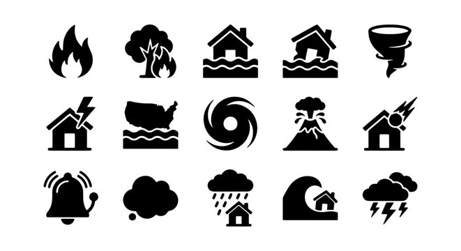 vector set of disaster warning symbols including fire tornado hurricane and flood warnings