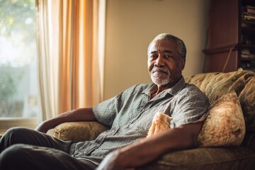 Fototapeta premium Serene portrait of an older man enjoying quiet downtime in a home lounge chair