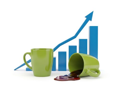 A spilled coffee cup next to a rising bar graph, symbolizing setbacks in business growth.