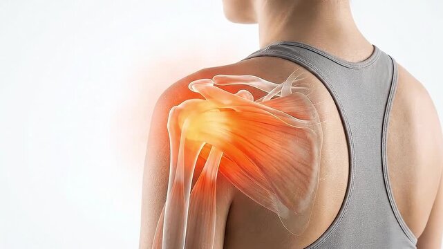 Shoulder rotator cuff injury pain and inflammation highlighted in medical illustration showing muscle and bone structure on back with gray tank top focusing on joint area glow effect