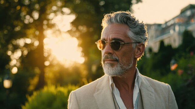 Mature gentleman outdoors in summer styling, relaxed pose and refined grooming