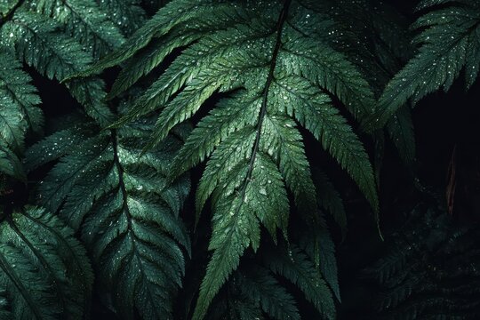 Moonlit fern leaves &acirc;&euro;&rdquo; top-down close-up of dark green fronds with dew and natural background