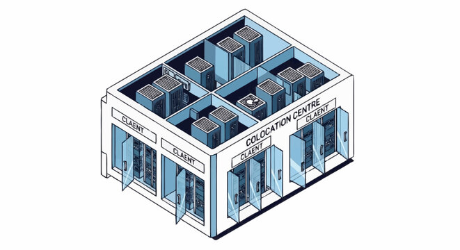 Colocation data center with server racks and cabinets.