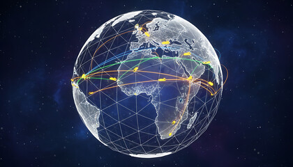 Naklejka premium Global network connections on a translucent earth globe with lines and nodes in space