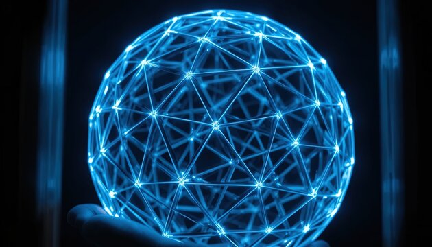Glowing Plexus Sphere Held in Hand on Dark Background, Abstract Digital Network Representation, Data Connection and Futuristic Technology Concept
