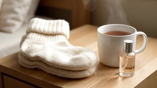 Cozy Indoor Lifestyle Scene With Hot Tea, Soft White Socks, And A Perfume Bottle On Wooden Table, Relaxation And Comfort Theme