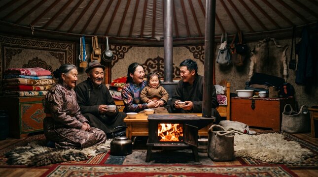 A multi-generational Mongolian family shares tea and laughter inside a traditional yurt (ger), gathered around a warm wood-burning stove on a cold day