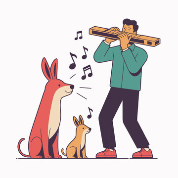 A man plays a harmonica while two dogs sit and listen creating a charming musical scene with vibrant flat colors clean lines and a minimalist style on a light background