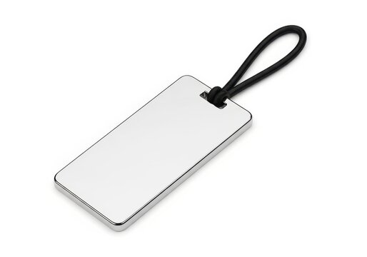 A sleek and shiny luggage tag attached to a black strap