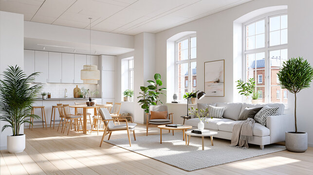 Helles Studio-Apartment im skandinavischen Stil mit wei&szlig;en W&auml;nden, hellem Holzboden, offener K&uuml;che, Essplatz, Sofa, Couchtischen, Pflanzen und dezentem Wandbild &ndash; minimalistisch und elegant.