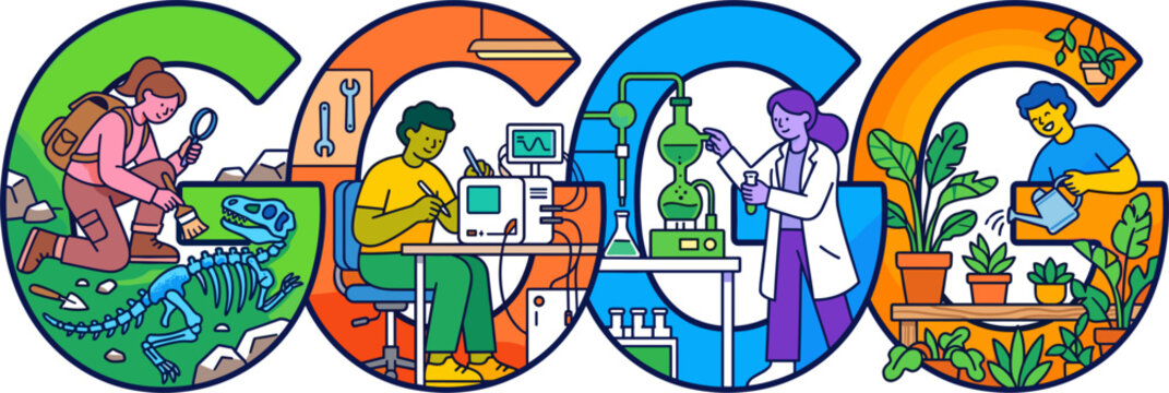 Colorful science disciplines letter G shaped illustration set with paleontologist laboratory botanist and engineer character scenes vector illustration