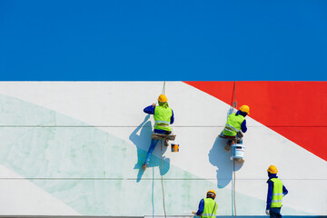 Naklejka premium Workers paint a high building using a ladder, reflecting the risks of working at height, where safety, balance, and protective equipment are essential to prevent accidents.