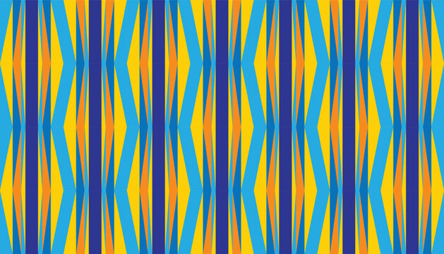 Seamless geometric spike pattern with vibrant blue, orange, and yellow shards. Abstract shard-like vector background.